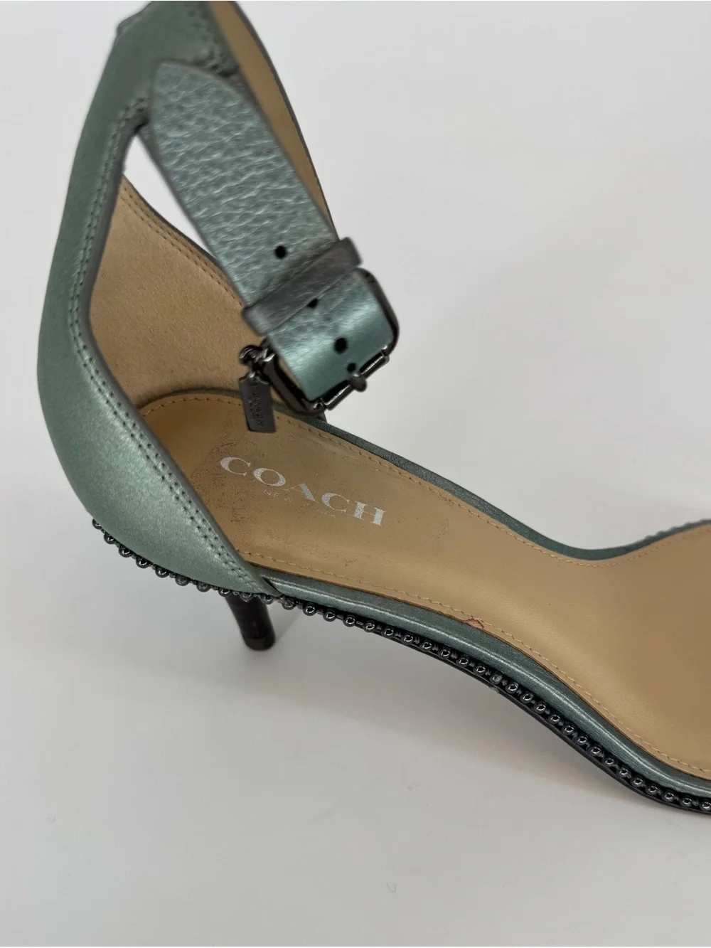 Coach Women’s Metallic Pewter Ankle-Strap Kitten Heel Sandals Size 7.5